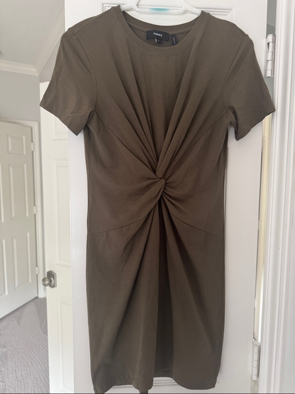 Theory Olive Knot-Front Short Sleeve Dress
